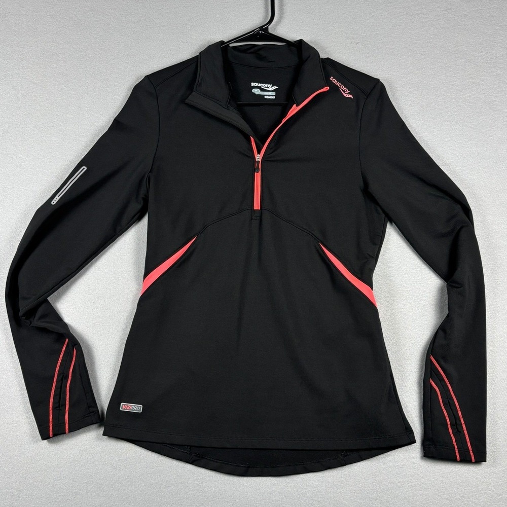 Saucony ViziPro 1/4 Zip Running Pullover Thumbholes Medium Black Pink